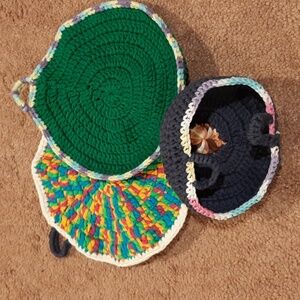 2 Handmade Potholders and 1 Basket